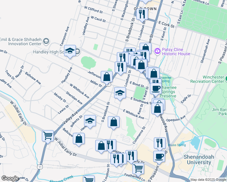 map of restaurants, bars, coffee shops, grocery stores, and more near 38 West Southwerk Street in Winchester