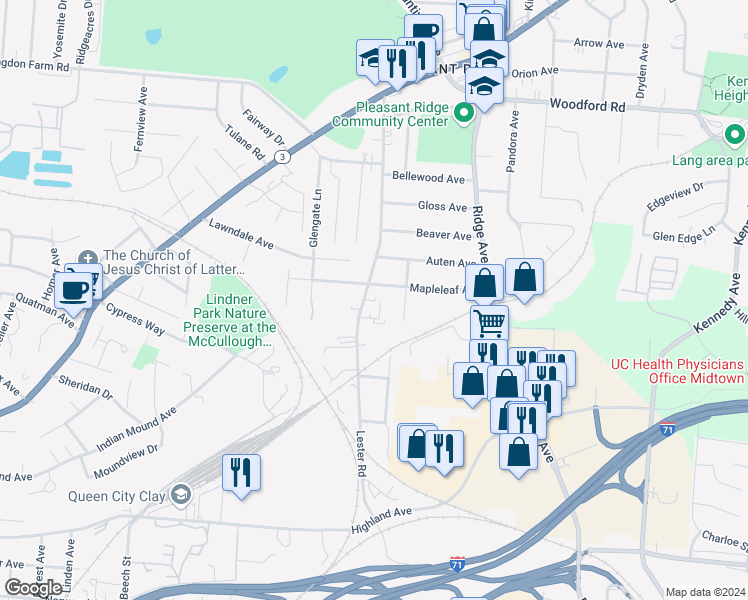 map of restaurants, bars, coffee shops, grocery stores, and more near 5514 Lester Road in Cincinnati