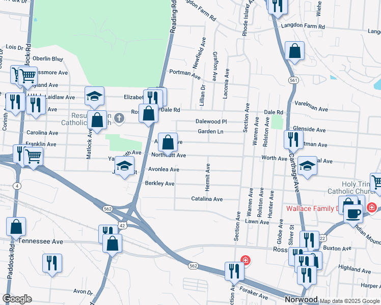 map of restaurants, bars, coffee shops, grocery stores, and more near 1828 Northcutt Avenue in Cincinnati