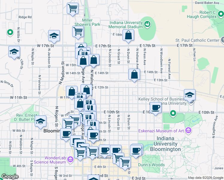 map of restaurants, bars, coffee shops, grocery stores, and more near 312 East 12th Street in Bloomington