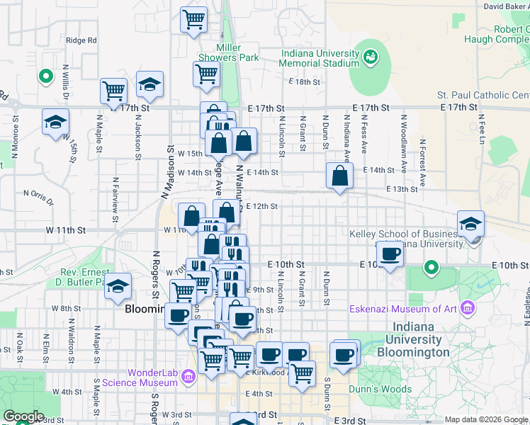 map of restaurants, bars, coffee shops, grocery stores, and more near 810 North Washington Street in Bloomington