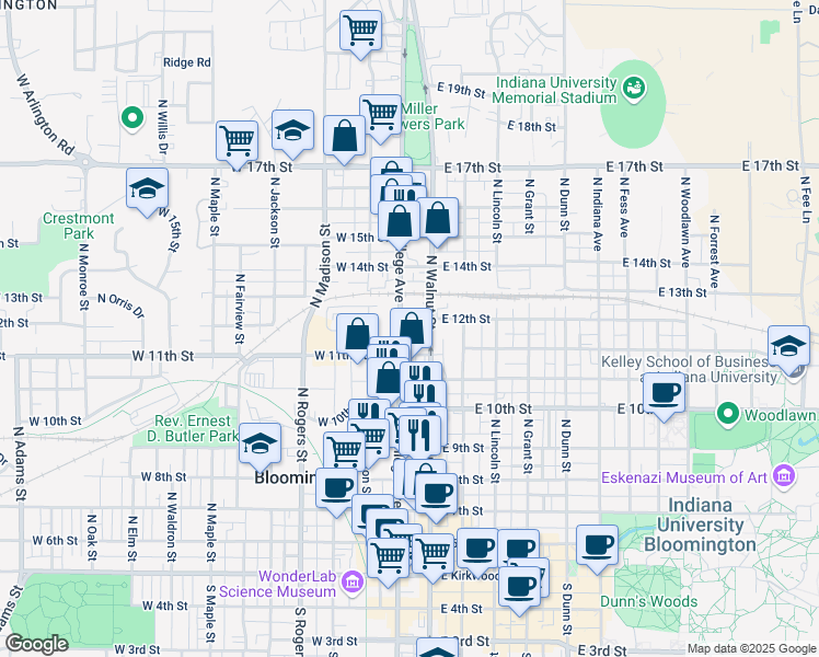 map of restaurants, bars, coffee shops, grocery stores, and more near 717 North College Avenue in Bloomington