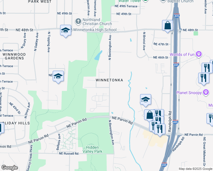 map of restaurants, bars, coffee shops, grocery stores, and more near 6532 Northeast 44th Street in Kansas City