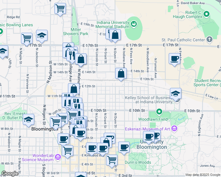 map of restaurants, bars, coffee shops, grocery stores, and more near 416 East 12th Street in Bloomington
