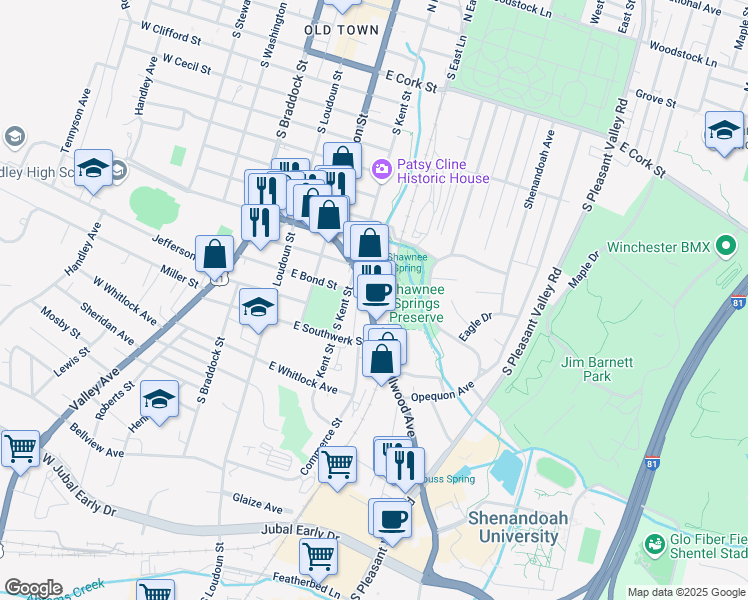 map of restaurants, bars, coffee shops, grocery stores, and more near 234 Millwood Avenue in Winchester