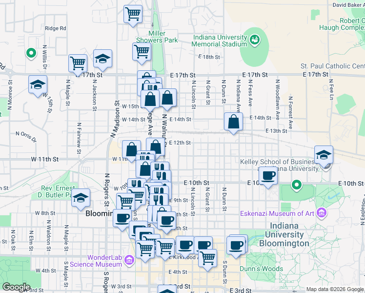 map of restaurants, bars, coffee shops, grocery stores, and more near 810 North Washington Street in Bloomington