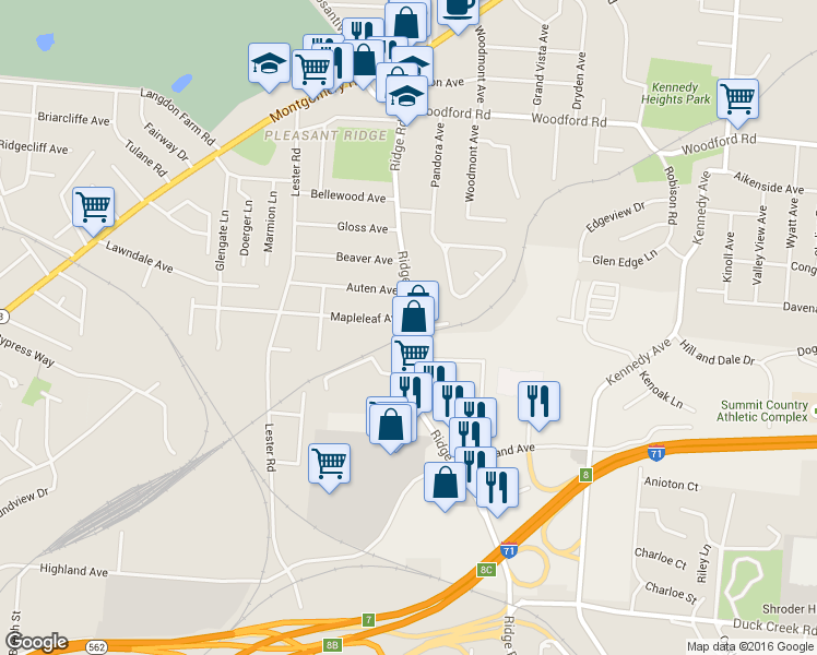 map of restaurants, bars, coffee shops, grocery stores, and more near 5601 Ridge Ave in Cincinnati