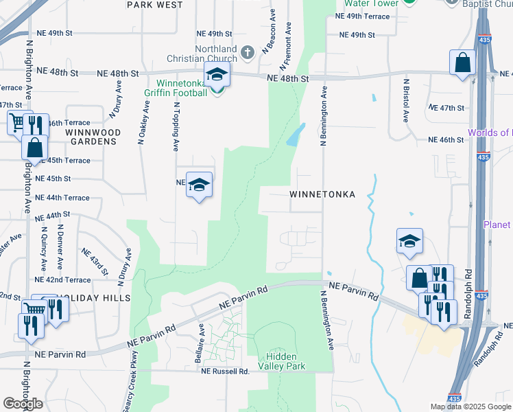 map of restaurants, bars, coffee shops, grocery stores, and more near 6302 Northeast 44th Terrace in Kansas City