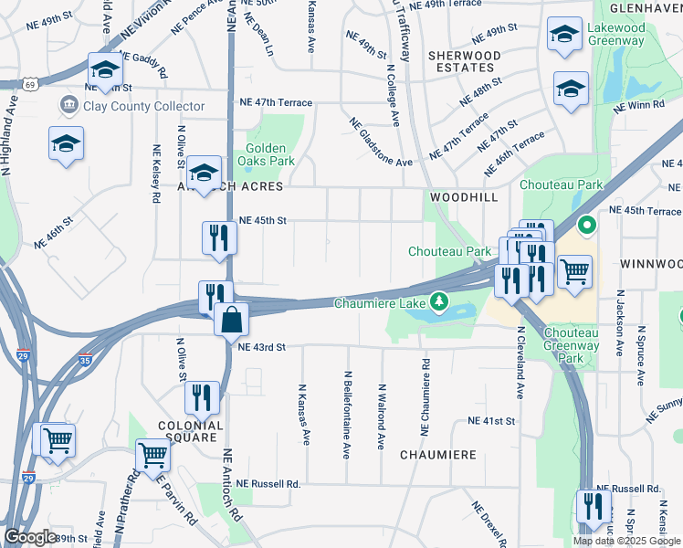 map of restaurants, bars, coffee shops, grocery stores, and more near 4401 North Agnes Avenue in Kansas City