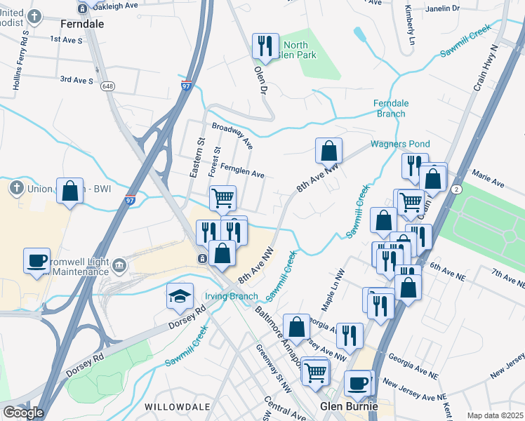 map of restaurants, bars, coffee shops, grocery stores, and more near 1 Idlewood Street in Glen Burnie