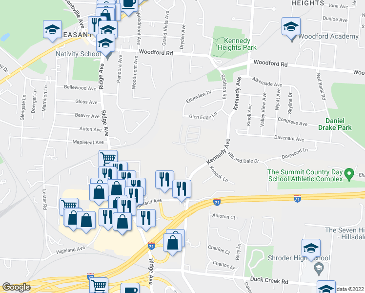 map of restaurants, bars, coffee shops, grocery stores, and more near 5601 View Pointe Drive in Cincinnati