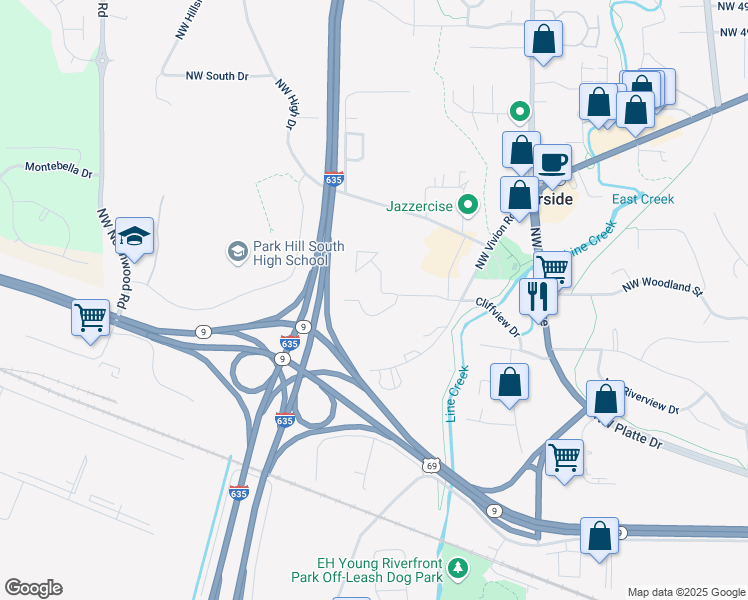map of restaurants, bars, coffee shops, grocery stores, and more near 4800 Cliffview Drive in Riverside