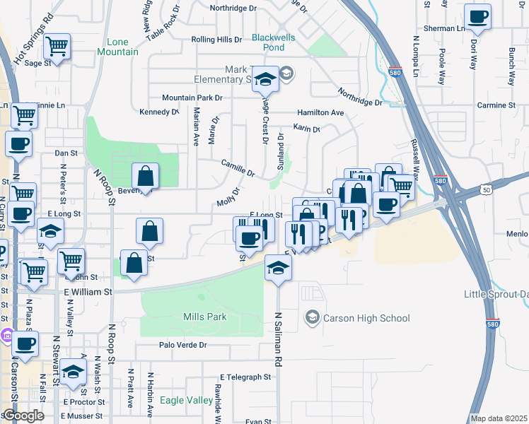 map of restaurants, bars, coffee shops, grocery stores, and more near 1600 East Long Street in Carson City