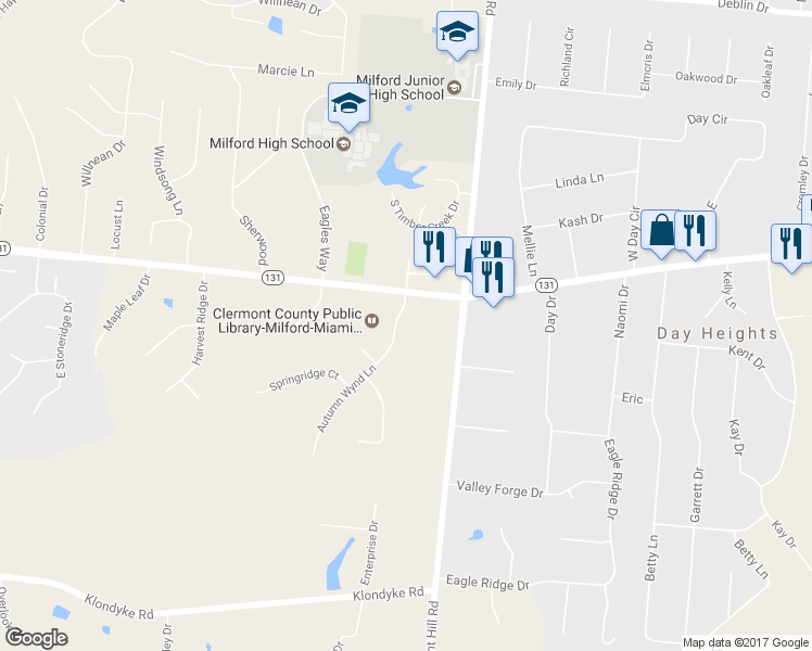 map of restaurants, bars, coffee shops, grocery stores, and more near 5612 Autumn Wynd Lane in Milford
