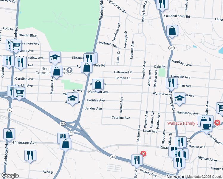 map of restaurants, bars, coffee shops, grocery stores, and more near 1828 Northcutt Avenue in Cincinnati