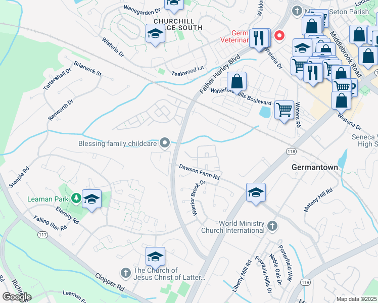 map of restaurants, bars, coffee shops, grocery stores, and more near 13615 Crusader Way in Germantown