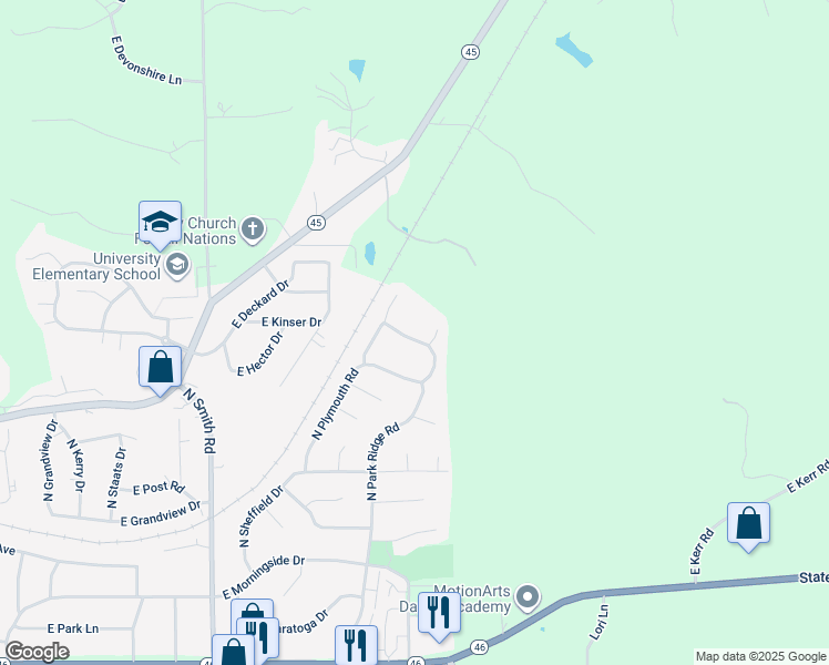 map of restaurants, bars, coffee shops, grocery stores, and more near 4325 Weymouth Lane in Bloomington