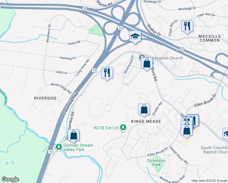 map of restaurants, bars, coffee shops, grocery stores, and more near 7170 Riverwood Drive in Columbia