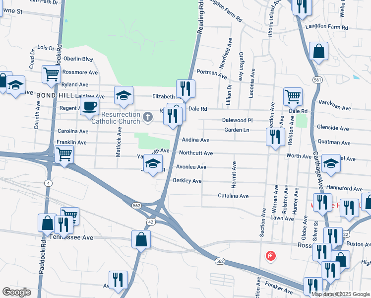 map of restaurants, bars, coffee shops, grocery stores, and more near 1718 Northcutt Avenue in Cincinnati