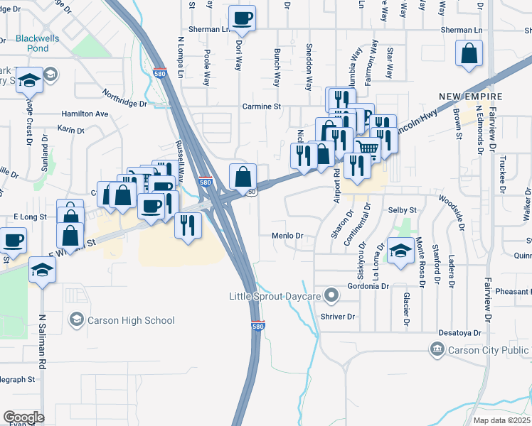map of restaurants, bars, coffee shops, grocery stores, and more near 1549 North Lompa Lane in Carson City