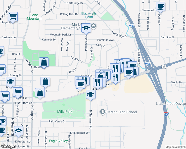 map of restaurants, bars, coffee shops, grocery stores, and more near 1650 East Long Street in Carson City