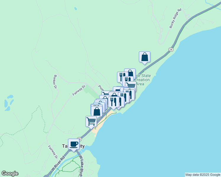map of restaurants, bars, coffee shops, grocery stores, and more near 300 Jackpine Street in Tahoe City