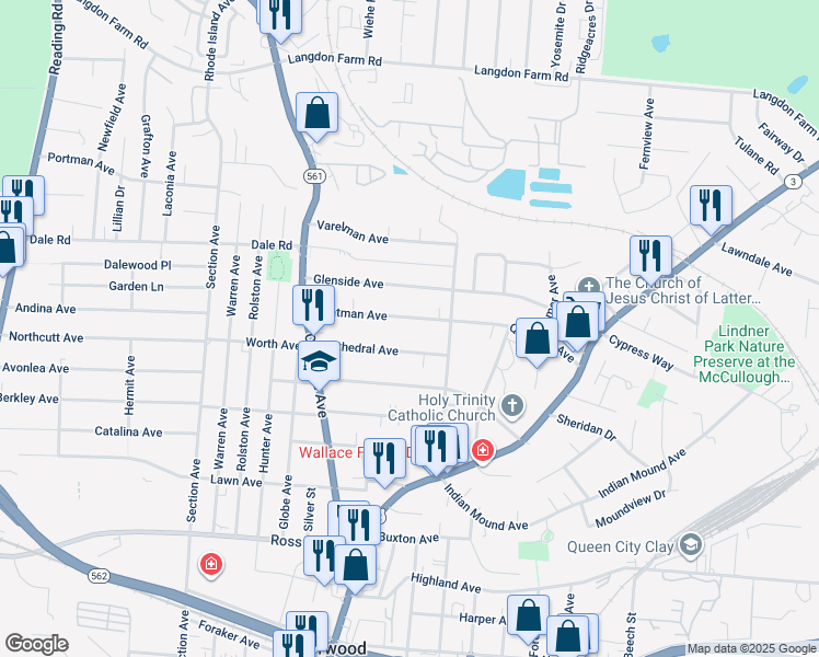 map of restaurants, bars, coffee shops, grocery stores, and more near 2216 Cathedral Avenue in Cincinnati