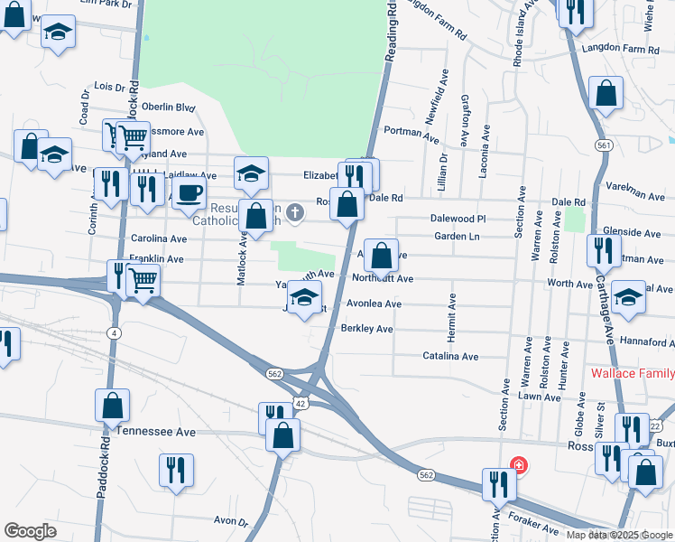 map of restaurants, bars, coffee shops, grocery stores, and more near 4856 Yarmouth Place in Cincinnati
