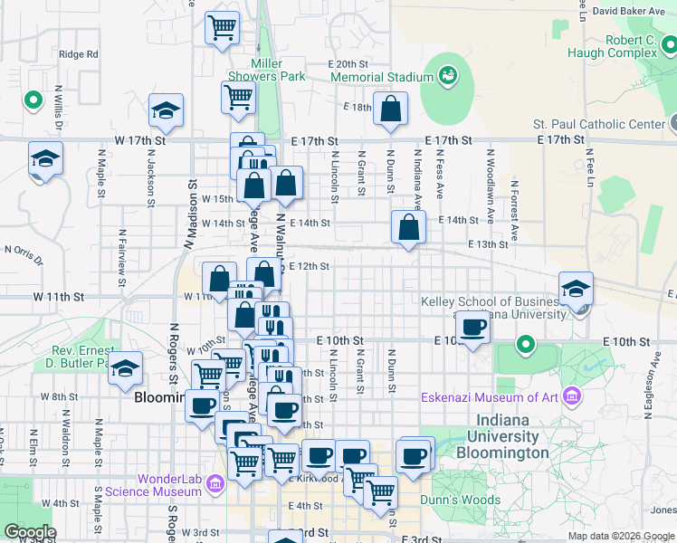 map of restaurants, bars, coffee shops, grocery stores, and more near 312 East 12th Street in Bloomington