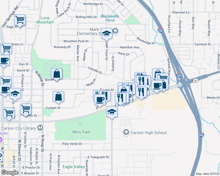 map of restaurants, bars, coffee shops, grocery stores, and more near 1630 East Long Street in Carson City