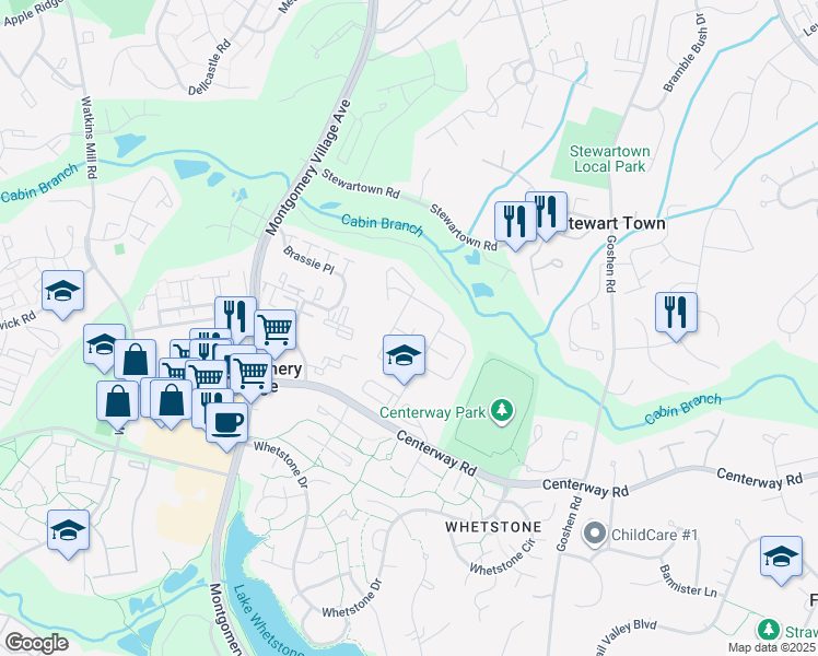 map of restaurants, bars, coffee shops, grocery stores, and more near 9647 Marston Lane in Gaithersburg