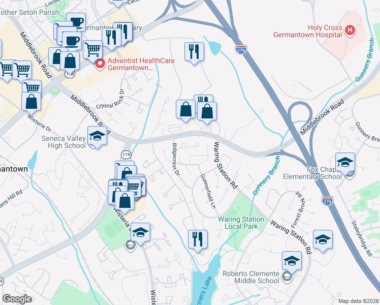 map of restaurants, bars, coffee shops, grocery stores, and more near 12337 Quail Woods Drive in Germantown