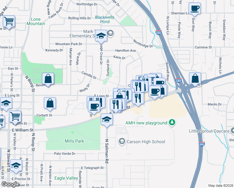 map of restaurants, bars, coffee shops, grocery stores, and more near 1503 Rand Ave in Carson City