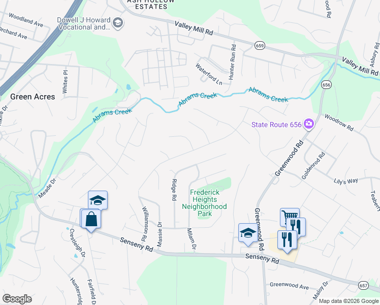 map of restaurants, bars, coffee shops, grocery stores, and more near 217 Ridge Road in Winchester