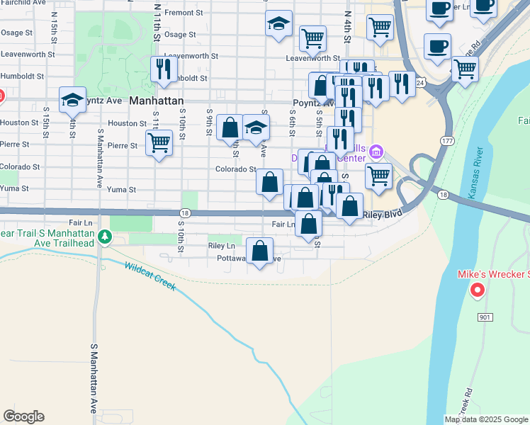 map of restaurants, bars, coffee shops, grocery stores, and more near 694 Fort Riley Boulevard in Manhattan