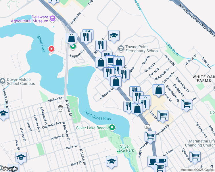 map of restaurants, bars, coffee shops, grocery stores, and more near 485 East Avenue in Dover