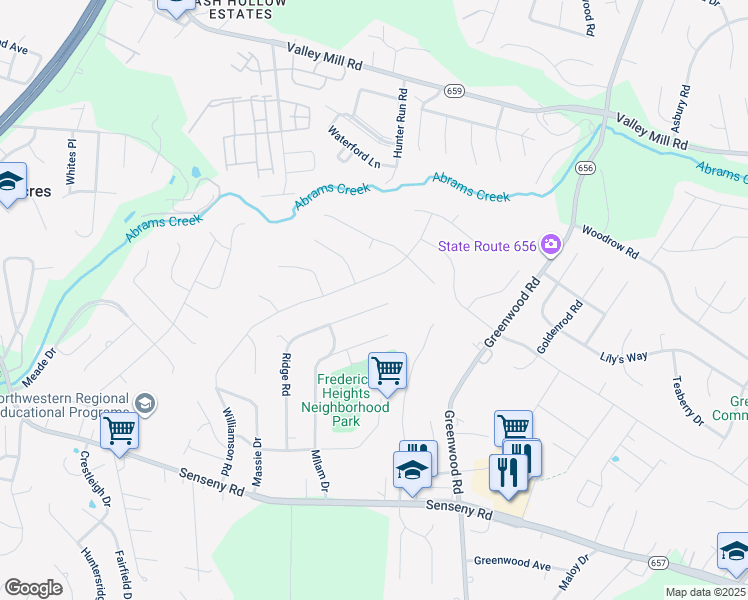 map of restaurants, bars, coffee shops, grocery stores, and more near 313 Ridge Road in Winchester