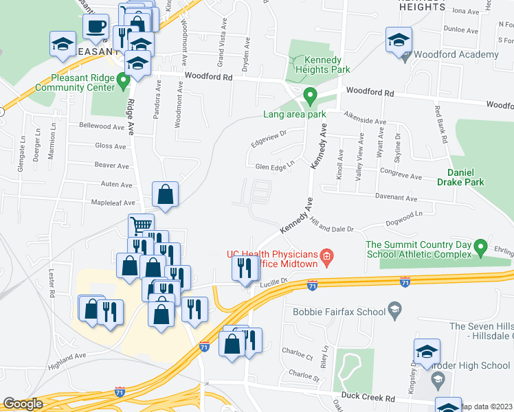 map of restaurants, bars, coffee shops, grocery stores, and more near 5610 View Pointe Drive in Cincinnati
