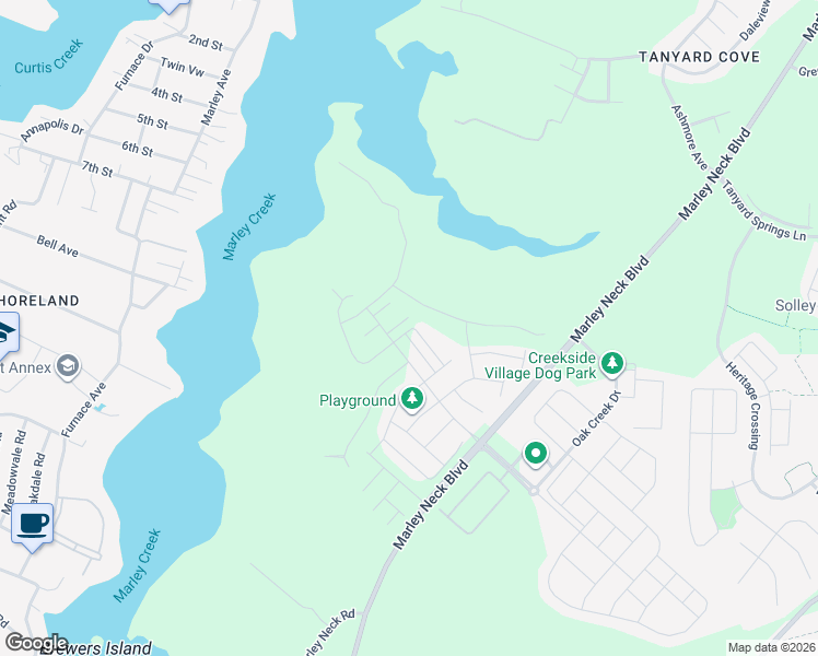 map of restaurants, bars, coffee shops, grocery stores, and more near Freeman Shores Road in Glen Burnie