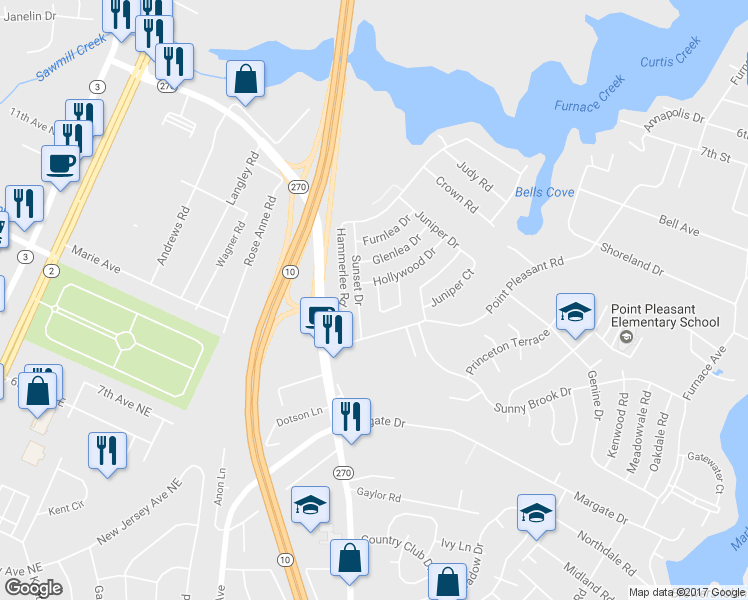 map of restaurants, bars, coffee shops, grocery stores, and more near 202 Hollywood Court in Glen Burnie