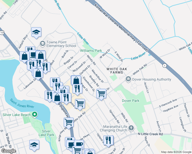 map of restaurants, bars, coffee shops, grocery stores, and more near 1245 Kennedy Lane in Dover