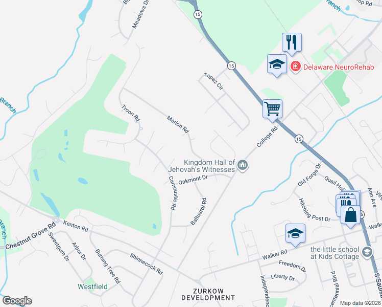 map of restaurants, bars, coffee shops, grocery stores, and more near 72 Merion Road in Dover