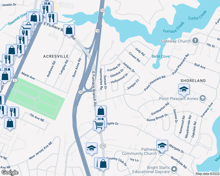 map of restaurants, bars, coffee shops, grocery stores, and more near 202 Hollywood Court in Glen Burnie