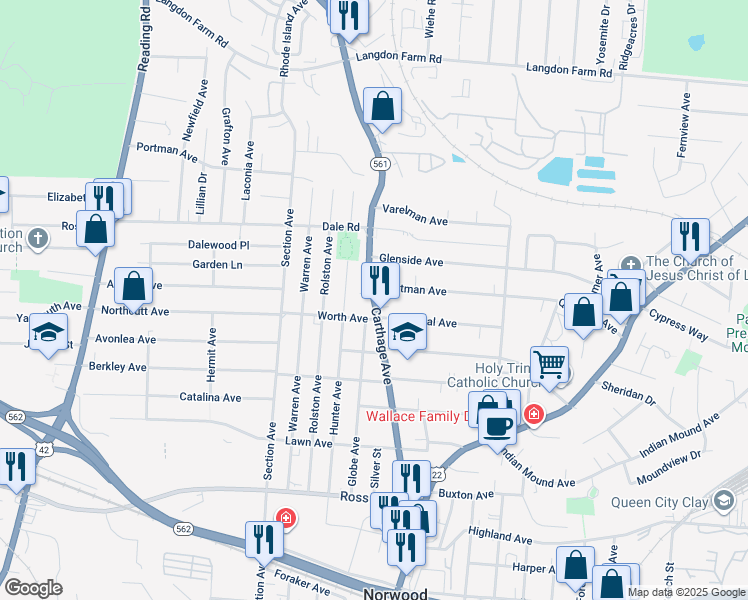 map of restaurants, bars, coffee shops, grocery stores, and more near 2112 Cathedral Avenue in Cincinnati