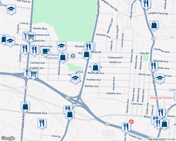 map of restaurants, bars, coffee shops, grocery stores, and more near 1718 Northcutt Avenue in Cincinnati