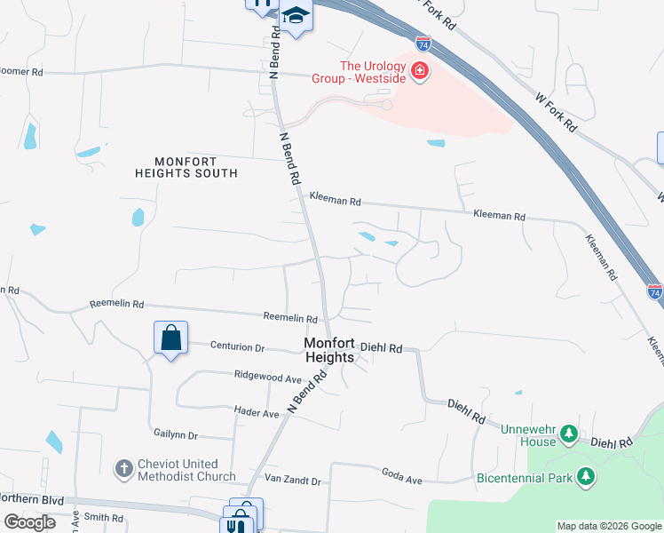 map of restaurants, bars, coffee shops, grocery stores, and more near 4790 North Bend Road in Cincinnati