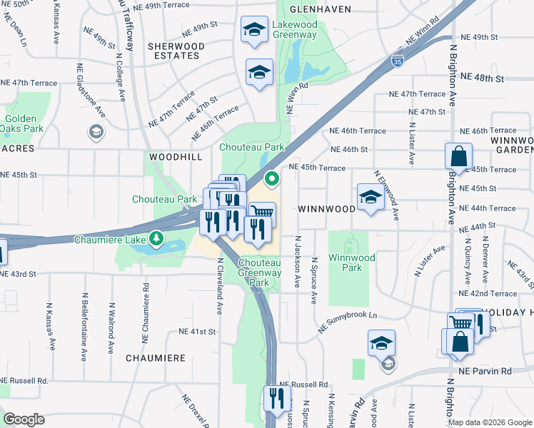 map of restaurants, bars, coffee shops, grocery stores, and more near 4365 Northeast Chouteau Trafficway in Kansas City