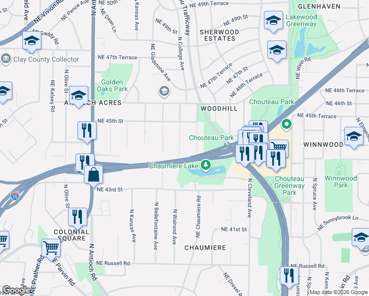 map of restaurants, bars, coffee shops, grocery stores, and more near 4400 North Indiana Avenue in Kansas City