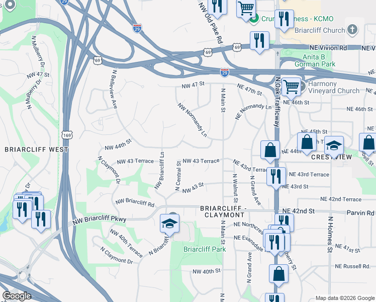 map of restaurants, bars, coffee shops, grocery stores, and more near 202 Northwest 43 Terrace in Kansas City