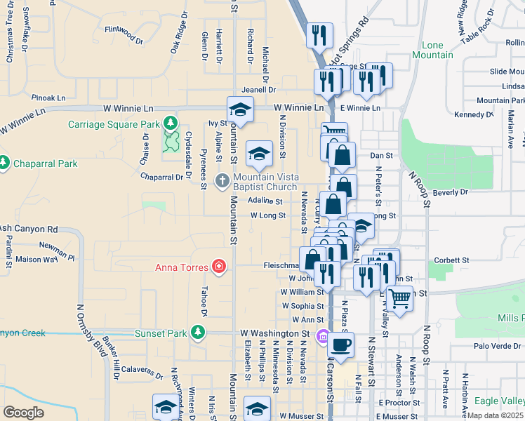 map of restaurants, bars, coffee shops, grocery stores, and more near 5 Hillside Way in Carson City